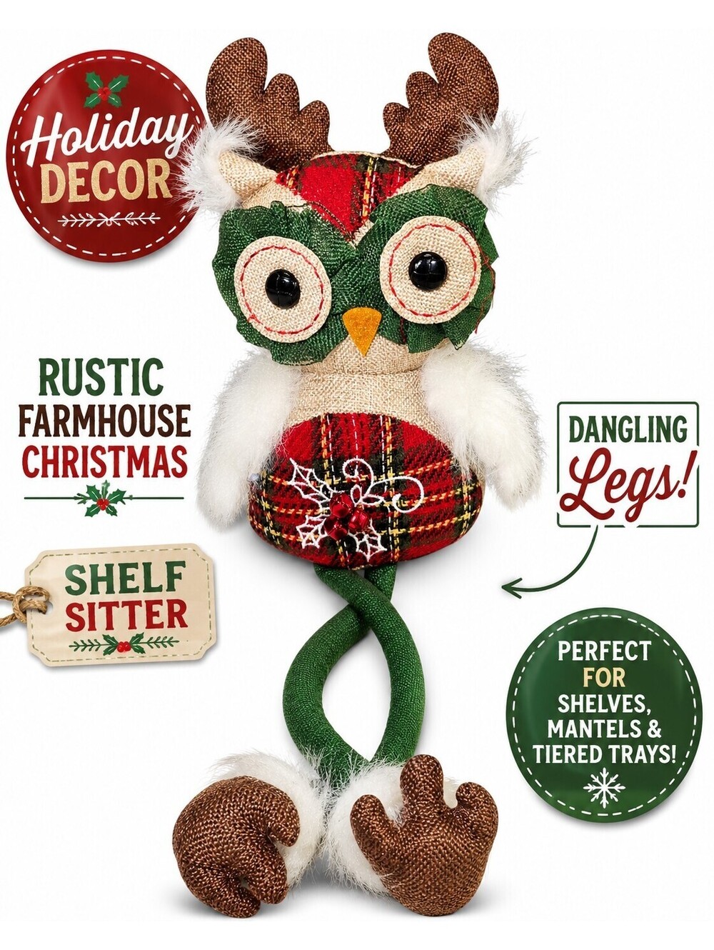 Rustic Christmas Owl Plush Shelf Sitter Burlap Plaid Farmhouse Holiday Decor...